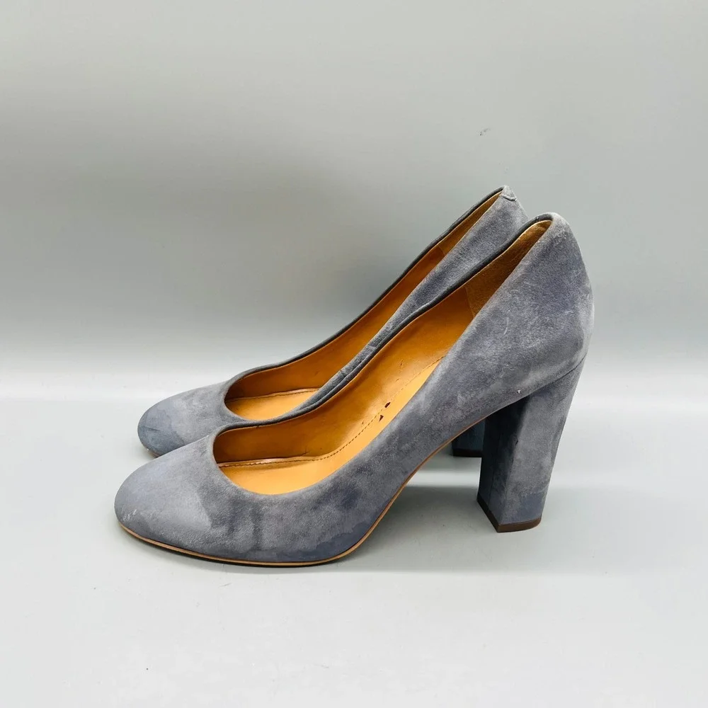 J Crew Shoes Women 9 Gray Suede Block Heel Round Toe Classic Dress Pumps Slip On